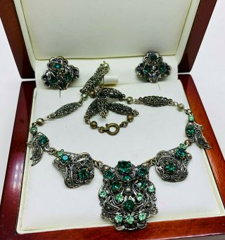 Vintage Jewellery Czech Art Deco Green Rhinestone Filigree Necklace/earrings Set