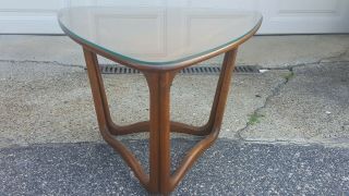 Lane Triangle Mid Century Modern Walnut Inlaid Table Glass Top Guitar Pick Mcm