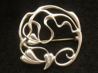 Vintage Sterling Silver Brooch By Ortak Art Nouveau Style Design With Leaves