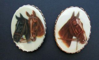 2 Vintage Horse Head Pins Oval Gold Color Trim Pair Horses