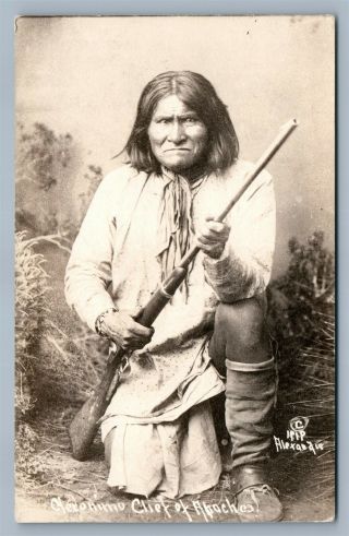American Apache Indian Chief Geronimo W/ Rifle Antique Real Photo Postcard Rppc