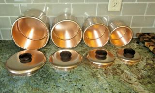 Vtg Mid - Century Mirro Set Of 4 Rose Copper Tone Canisters Wood Handles 1 Owner