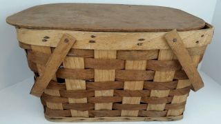 Vintage Wood Weave Double Handled Picnic Basket W/ Lid,  17 " X 13 " X 10 "