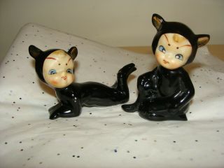 Vintage Pair 2 Pixies Elves In Black Cat Costume Ceramic Figurines