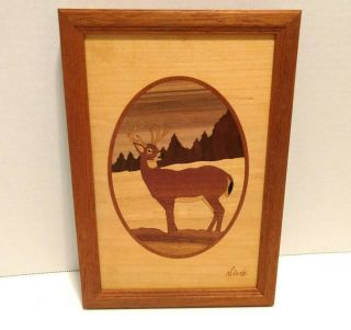 Hudson River Inlay Deer Signed Nelson Wood Marquetry 9 3/4 " X 6 3/4 " Vintage