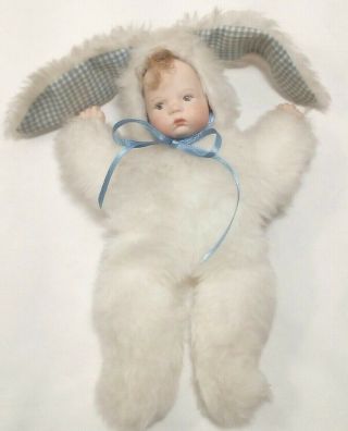 Miniature Doll White Bunny Rabbit Suit W Cap Ears Porcelain Bisque Blue Handmade