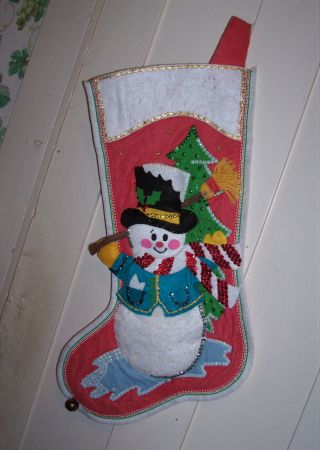 Vintage Finished Bucilla " Mr.  Frosty Snowman " Felted Christmas Stocking