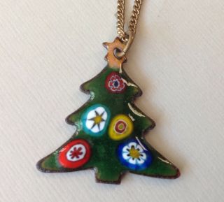 Vintage Necklace Millefiori Design Christmas Tree Pendant Enamel On Copper