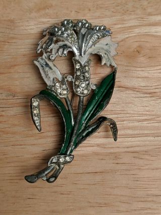 Antique Art Deco Rhinestone And Enamel Flower Brooch