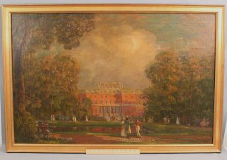 Large Antique Oil Painting Of 1840s Aristocrat People & Manor Courtyard Garden