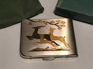 Vintage Elgin American Powder Compact With Mirror And Puff - Leaf Motif