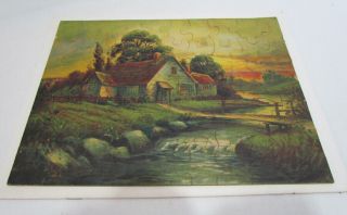 Farm House By Stream W/ Bridge Vintage Jigsaw Jig Saw Picture Puzzle Countryside