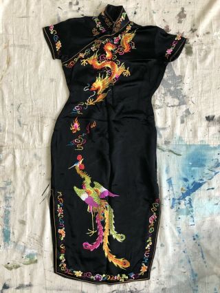 Vintage 1940s 50s Black Silk Embroidered Cheongsam Qipao Dragon Phoenix Dress