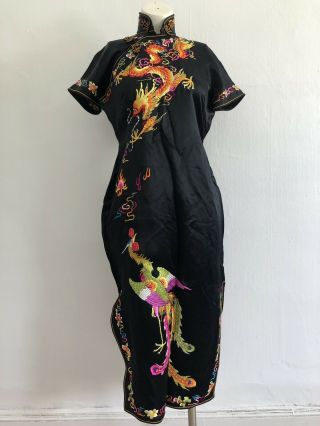 Vintage 1940s 50s Black Silk Embroidered Cheongsam Qipao Dragon Phoenix Dress 2