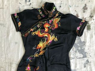 Vintage 1940s 50s Black Silk Embroidered Cheongsam Qipao Dragon Phoenix Dress 3