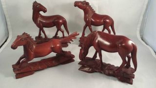 Chinese Hand Carved Wooden Horses Set Of Four