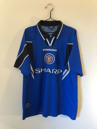 Manchester United 1996 - 98 Away Blue Umbro Football Shirt Xxl Sharp Vintage