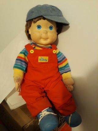 Vintage 1985 Hasbro My Buddy Doll Blue Eyes Red Overalls With Hat And Shoes