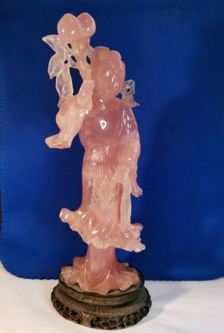 Large Antique Carved Chinese Natural Rose Quartz Kwan Yin Figurine Sculpture