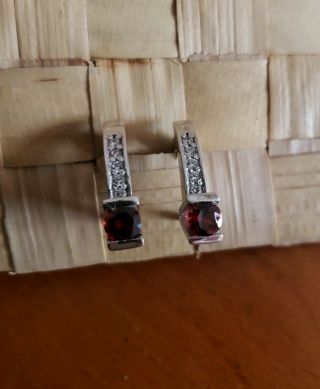 Vintage Modernist Sterling Silver Red And White Stones Pierced Earrings