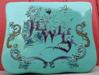 Victorian Antique Celluloid Jewelry Teal & Purple Dresser Box Red Tuffed Lined