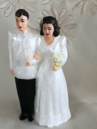 Vintage Wedding Cake Topper Bride And Groom Mid - Century White Tux Plastic Figure