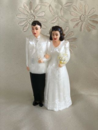 Vintage Wedding Cake Topper Bride and Groom Mid - Century White Tux Plastic Figure 2