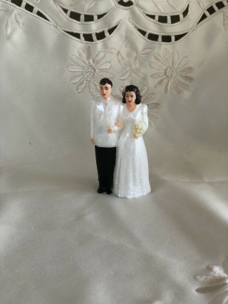Vintage Wedding Cake Topper Bride and Groom Mid - Century White Tux Plastic Figure 3