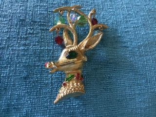 Vintage Brooch Pin Signed Mylu,  Christmas Reindeer,  Red Nose,  Rhinestone Crystal
