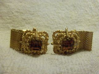 Vintage Gold Tone Mesh Fold Over Cufflinks With Square Gold Glass Stone