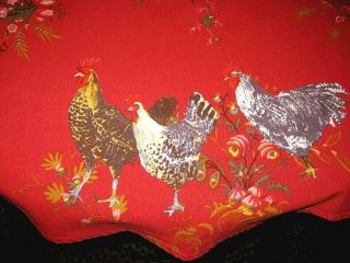 Vintage Red Cotton Oval Size 71.  5 " X 62.  5 " Tablecloth Colorful Country Chickens