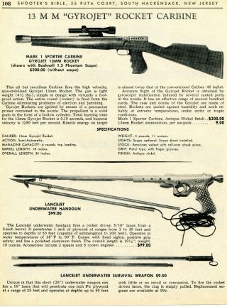 1967 Print Ad Of Gyrojet 13mm Rocket Carbine Mark 1,  Lancejet Underwater Handgun