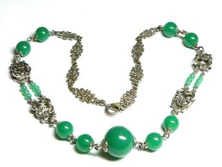 Vintage Art Deco French Silver Tone & Green Glass Necklace Att Louis Rousselet