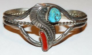 Vintage Navajo Old Pawn Sterling Silver Turquoise & Coral Cuff Bracelet