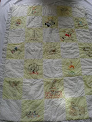 Vintage Hand Embroidered Baby Quilt - Personalized Blocks - 62 " X 47 " Yellows