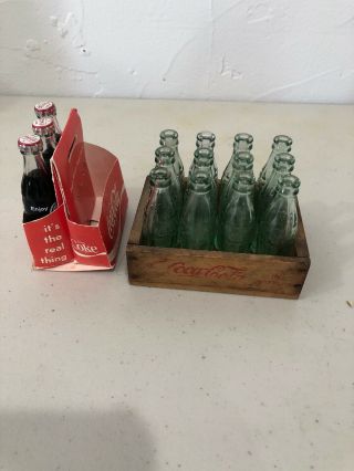 Vintage Mini Coca Cola Bottles W Wooden Crate,  1 6 Pk Coca - Cola W/ 3 Bottles
