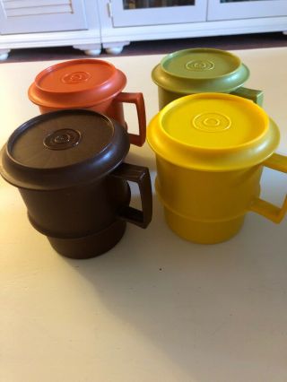 4 Vtg Tupperware Stackable Mugs Coffee Cups With Coaster Lids Harvest Colors