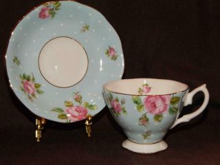 Royal Albert Polka Blue Vintage Footed Cup & Saucer Roses & Dots