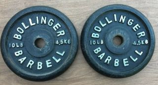 2 Vintage Bollinger Barbell 10 Lb Cast Iron Weight Plates - Dumbbells -