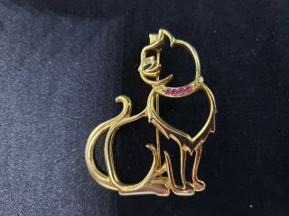 Vintage Jj (signed) Cat Brooch,  Gold Tone With Pink Rhinestone Collar