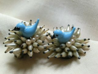 Vintage French Clip - On Earrings Bluebird In Nest With Eggs Hand Blown Glass 1960