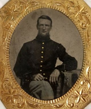 1/6 Civil War Soldier Man In Uniform Tintype Antique Tin Photo In Case W/ Info