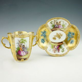 Antique Helena Wolfsohn Dresden Porcelain - Courting Couple Loving Cup & Saucer