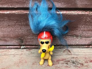 Vintage 1960s Royal Designs Troll Doll Dog W Football Helmet Blue Hair