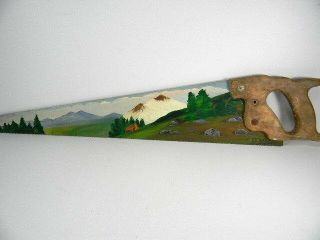 Vintage Hand Painted Crosscut Saw Mountains Cabin Rocks Trees Sky On Hand Saw
