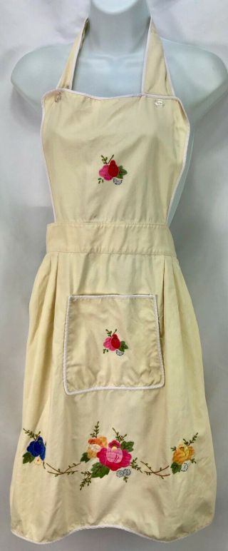 Vintage Cream Colored Full Kitchen Apron With Embroidery Applique Tie Neck Waist