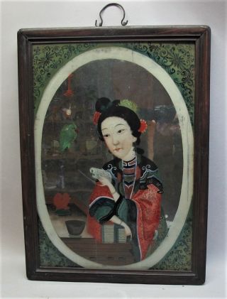 Very Fine Antique Chinese Export Reverse Painting On Glass W/ Parrot C.  1880