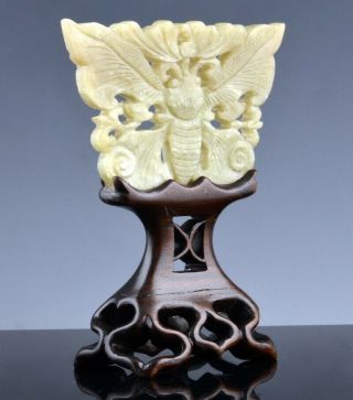 Great Antique Chinese Carved Yellow Celadon Jade Butterfly Plaque Hardwood Stand