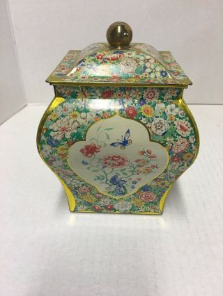 Vintage Made In Holland Metal Tin Container With Flower Floral Butterfly Design