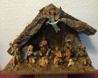 Vtg Moss Italian Nativity Set Christmas Manger Scene 11 Figure Made In Italy